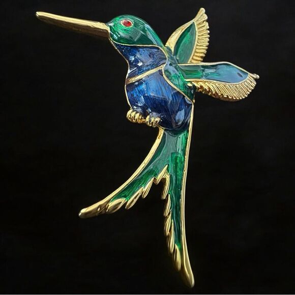 Vibrant Hummingbird Enamel Brooch – Green & Blue with Gold-Tone Accents - Picture 5 of 15